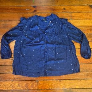 Jessica Simpson Navy & White Polka Dot Button Up Size 2X with ruffles NWT
